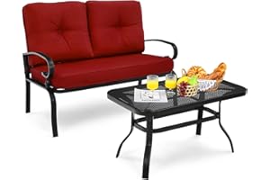 COSTWAY Outdoor Loveseat Bench, 2-Seater Garden Furniture Set with Coffee Table and Cushions, Metal Frame Patio Sofa Table Set for Balcony Backyard Lawn Poolside (Red)