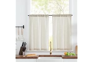 TOPICK Tende cucina lino Passante tenda da bistrot porta finestra balcone stile country roulotte 2 pezzi corte semi-trasparenti rustiche soggiorno doccia tenda per interni 65L x 90A cm, Grezzo