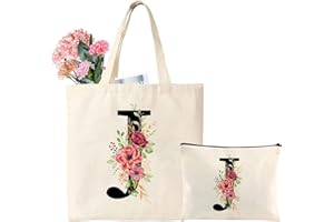 TARKLANDA Personalized Initial Cotton Tote Bag, Canvas Reusable Shopping Bags with Makeup Bags, Gifts for Women, Mom, Teachers, Nurses, Best Friends, Bridesmaids, Monogrammed Gifts for Wedding, Birthday(J)