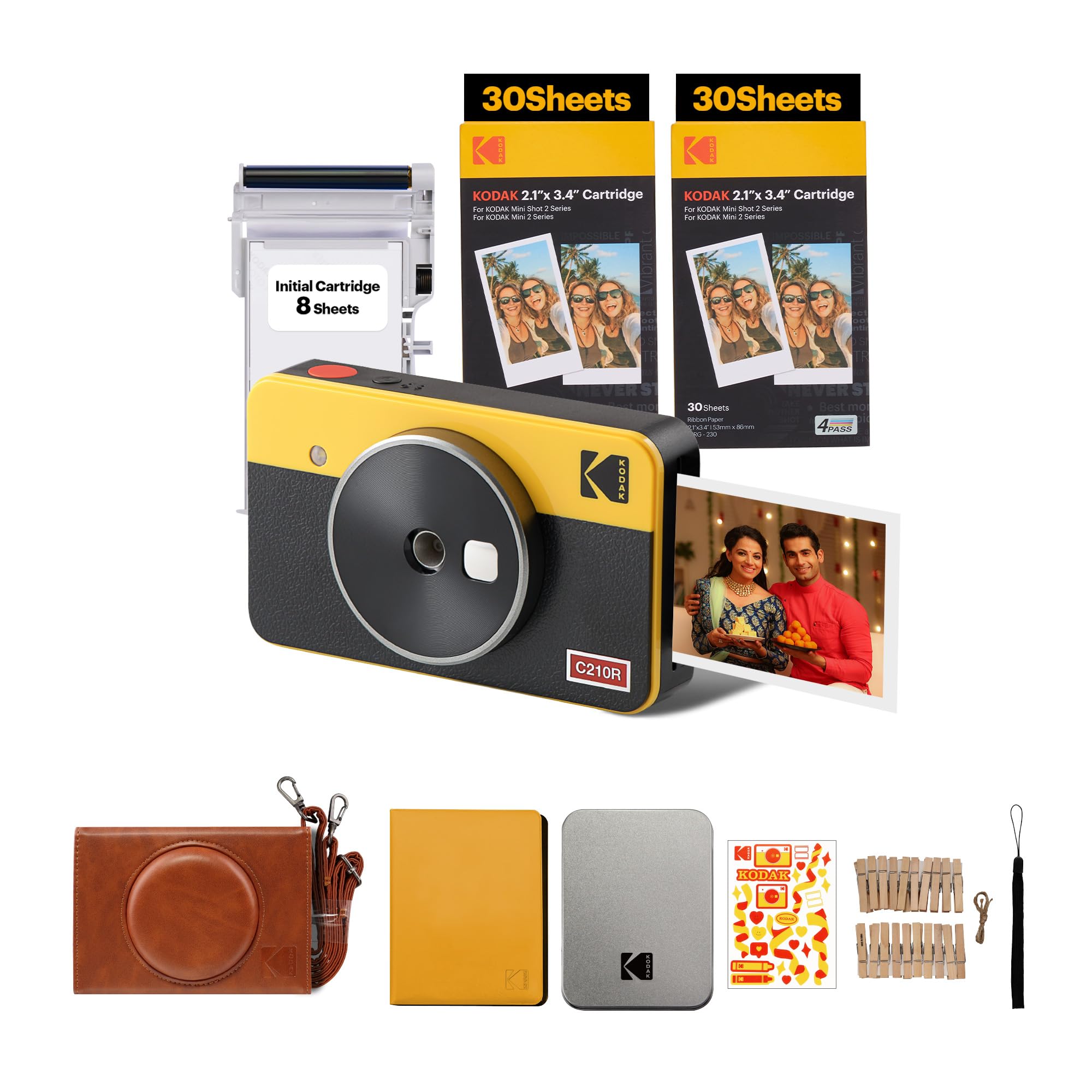KODAK Mini Shot 2 Retro 4PASS 2-in-1 Instant Camera and Photo Printer (2.1x3.4 inches) + 68 Sheets Gift Bundle, Yellow