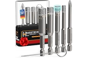HARDTWERK Turbo Diamantbohrer 6-tlg. Fliesenbohrer Set [6, 8, 10, 12mm] mit 6mm Karbid-Anbohrer (inkl. Reinigungspin) Diamantbohrer für harte Fliesen Keramik, Feinsteinzeug, Marmor und Granit