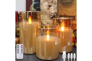 MOZC Bougies LED sans flamme télécommandées, rechargeables, bougies piliers en verre avec télécommande et fonction minuterie, flamme saute pour fêtes, mariages (autonomie 200 h) (Or)