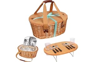 Hap Tim Picknickkorb-Set für 2 Personen mit Mini-Klapptisch für Wein, Picknick, große isolierte Kühltasche und Besteck-Set für 2 Personen, Geschenke für Paare, Hochzeitsgeschenke (DE-Y2209-2-CM)