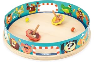Janod - Toupies Arena Applepop - Jeu d'Adresse pour Enfants - 1 Arène + 2 Toupies avec Lanceurs + 2 Billes en Verre - Développe la Dextérité - Jouet en Bois FSC - Dès 4 Ans,J03355
