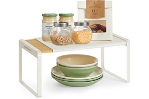 SONGMICS HOME Especiero, Extensible, Organizador de Cocina, Estante de Cocina, Organizador de Armario, Estante Pequeño, Apilable, Zapatero, Bambú Claro y Blanco Crema KCS052W01