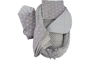 Medi Partners Babynestset för nyfödda - 100x60x15 cm 5-delat portabelt nest vändbart 100% bomull (Stjärnor med grå minky)