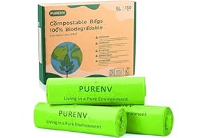 PURENV 6L Compostable Sac Poubelle, 150 Sachets Biodégradables à Déchets, 100% compostable et biodégradable, acec Certifié EN13432, Climatiquement Neutre