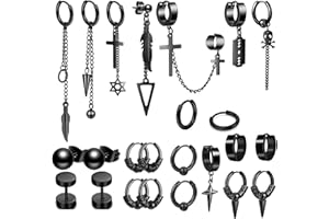 VELESAY 24Pezzi Orecchini Uomo in Acciaio Inossidabile Orecchini a Cerchio Nero Punk Orecchini Piuma Croce Pendenti Orecchini a Catena Lunghi Ciondoli Orecchini Set Cerchio per Uomo Donna