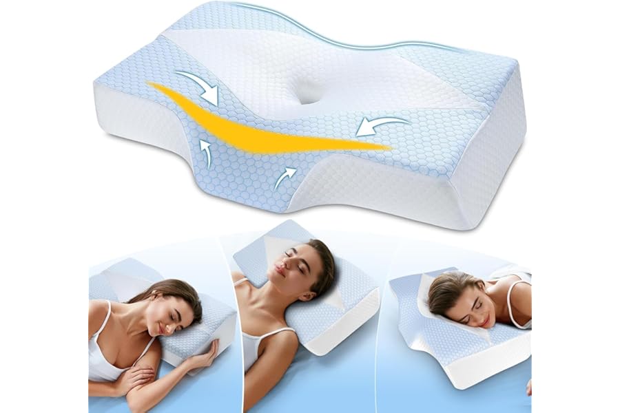 Memory Foam Neck Support Pillow for Neck and Shoulder Pain Sleeping with Cooling Pillowcase: Ergonomic Cervical Pillow 5X Pain Relief - Contour Bed Bolster Pillows for Side Back Stomach Sleepers