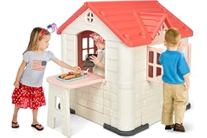 COSTWAY Kids Playhouse, Outdoor Cottage Pretend Play Center with Picnic Table, Food Toy Set, Working Doors & Windows, Indoor Playground Set for 3-8 Years Old (Pink)