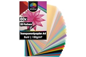 OfficeTree 60x Transparentpapier Bunt A4 – 20 Farben - 130 g/m² - Extra Stark - Pergamentpapier Bunt inkl. Gold & Silber - Buntes Transparentpapier zum Basteln von Fensterbildern Laternen