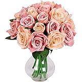 Famibay Rose Künstliche Blumen 18 Rosen 2 Blumensträuße für Hochzeit Seidenblumenstrauß(Champagner,Keine Vase)