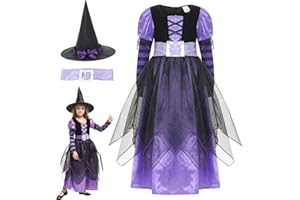 Cloudkids Costume Déguisement de Sorcière Fille - Robe de Déguisement Halloween avec Chapeau et Ceinture Enfant Carnaval Cosplay