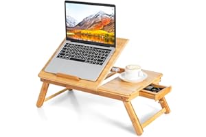 LIFEZEAL Tavolino Pieghevole PC, Vassoio Portatile per Mangiare a Letto, in Bambù, con Cassetto, Piano Inclinabile, Altezza Regolabile, Dispersione di Calore, Anticaduta, Max 15kg (naturale)