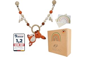 ARIASO® Kinderwagenkette aus Holz und Baumwolle gehäkelt, Kinderwagen Kette für Babys, Geschenk zur Geburt für Mädchen und Junge ab 0+ Monate inkl. Geschenkkarte- Fuchs