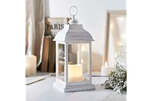 Lights4fun - Lanterna In Plastica Bianca ad Effetto Consumato con Candela LED a Pile