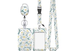 Uniclife Porta Badge Scorrevole floreale Custodia plastica fiori bianchi clip moschettone badge retrattile e cinghia cordino staccabile Protettore carte verticale alla moda donne infermiere insegnante