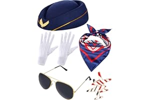 Bencailor 7 Pcs Women's Flight Attendant Costume Accessories Stewardess Outfits Flight Attendant Hat Sunglasses Scarf Gloves