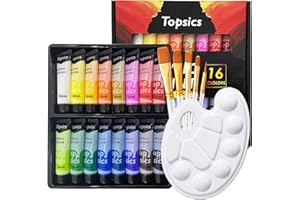 Topsics Colori Acrilici per Dipingere, 16 Tubi 36ml Atossici Set di Colori Acrilici, Set Pittura Acrilica con 5 Pennelli e 1 Tavolozza, Kit de Acrilici per Carta, Pietra, Legno