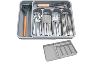 MEGYAD Bandeja para cubiertos para cajones: bandeja de cubiertos extensible para cajones, bandeja para cubiertos, bandeja extraíble con 6 compartimentos, organizador de cajones, para cubiertos y
