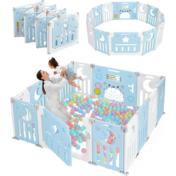 Hauck Treppenschutzgitter YUENFONG Laufgitter Baby Laufstall Faltbar Absperrgitter 14+2 Paneele Mit Tür Und Spielbrett Schutzgitter Kinderzaun Für Kleinkinder Und Baby(Blau Weiß Laufstall Baby