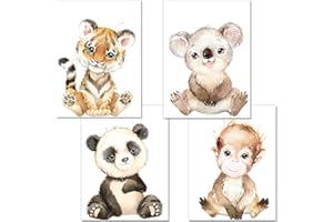 artpin® Lot de 4 posters décoratifs pour chambre de bébé garçon et fille - Format A4 - Images pour chambre d'enfant - Animaux de la jungle - Safari Afrique - Tableau mural - Singe Tigre Koala Panda