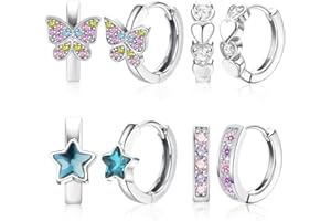 VERLUKY Ohrringe Mädchen Silber, Rosa/Blau Herz Stern Schmetterling Kleine Creolen Ohrringe Set, Zirkonia Hängeohrringe Mädchen, Creolen Kinder Silber, Hypoallergen Schlafen Knorpel Earings für Kinder