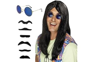 SKHAOVS 3 Pcs Hippie Costume Set - Black Long Straight Wig, Fake Beard, Sunglasses - Mens Wig for 50/60/70s Theme Party, Fancy Dress Costume Accessories for Party Carnivals, Halloween