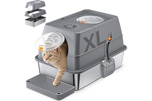 QEANY Edelstahl Katzenklo mit Deckel, 60*40*39CM Katzentoilette aus Edelstahl, Große Metallkatzentoilette geschlossene, mit Schaufel und Matte, Auslaufsicher und Leicht zu reinigen, für große Katzen