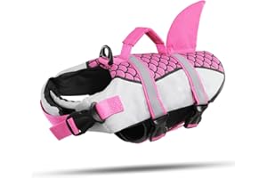 CITÉTOILE Giubbotto di Salvataggio per Piccola Medi Cane, Salvagente Cane Squalo con Manico e Catarifrangente, Gilet Salvataggio Animali per Sport Acquatici in Mare/Lago/Fiume, Rosa, M