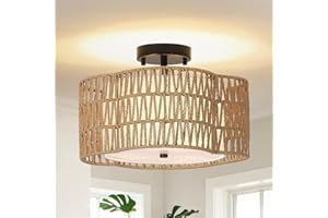 Stepeak Lámpara de techo de ratán salón, lámpara de techo boho de 3 luces con pantalla de ratán y lino, lámpara de techo de ratán de granja bambú, lámpara de techo rústica para dormitorio cocina