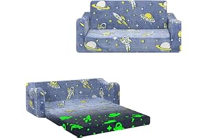alldomess Convertible Sofa para Niños 2 en 1, Plegable Sofa Infantil Brilla en la Oscuridad para Niñas y Niños, Estable Silla Niño 2 Plazas para Dormitorio Sala de Juegos,Astronautas