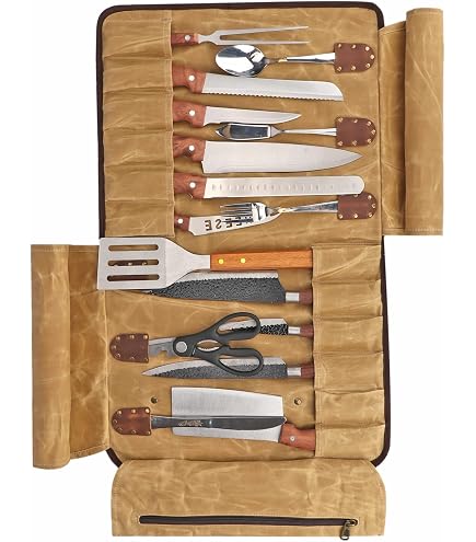 Angus Stoke Rene - Borsa portacoltelli in pelle di alta qualità, XXL, 14 scomparti, per coltelli da cuoco in pelle di bufalo d'acqua di alta qualità, con cinghia per il trasporto, Marrone