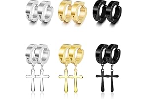 Kakonia 6 Paires Boucles d'Oreilles Croix Hommes Noir Argent Or Boucles d'Oreilles en Acier Inoxydable Bouchons d'Oreilles à Vis Boucles d'Oreilles Pendante Punk Boucles d'Oreilles pour Hommes Femmes
