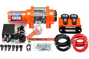 ‎WINCHMAX Winchmax 3000lb / 1361kg Original orange 12v elektrische Winde, 15,5m 5mm Dyneema SK75 Synthetikseil, 1/4 Zoll Gabelkopfhaken. Funkfernbedienungen mit zwei Handsets