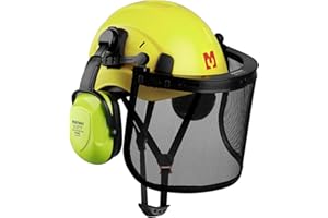 Mustbau Chainsaw Safety Helmet, Protective Helmet with Earmuffs and Mesh Visor, 53 to 63cm Adjustable Headband Suitable for Forestry, Construction, Work