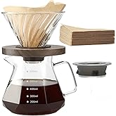 Lalord 20oz Borosilicate Drip Coffee Maker with V02 Paper Filter, 100 Sheets, Walnut Handle and Coffee Maker Lid, 600ml
