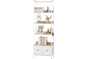 WOLTU Libreria a 5 Piani con 2 Cassetti, Scaffale di Stoccaggio a Pavimento, Moderno, Struttura in Acciaio, Soggiorno/Ufficio/Studio/Cucina/Camera da Letto, Rovere Chiaro+Bianco, RGB62whe
