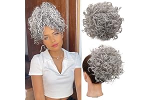 ENENBLAU Haarteil Dutt Haar Bun mit Elastischer Kordelzug Hair Extensions Kurz Locken Welle Pferdeschwanz Haarteil Kunsthaar wie Echthaar Updo Haarverlängerung zopf für Frauen Tägliche Verwendung Grey 066E