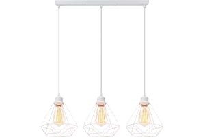 iDEGU 3 Luci Lampadario a Sospensione Industriale E27 Lampada da Soffitto in Stile Gabbia Metallo Bianco Ø 20cm Lampada a Sospensione Vintage Per Cucina Camera da Letto Sala da Pranzo (Base Barre)