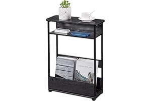 YEAKOO Narrow Side Table,3-Tier Slim End Table with Storage Shelf,Modern Sofa Table Thin Side Table for Narrow and Small Spaces, Skinny Bedside Table Small Nightstand with Magazine Rack Space Saving (Black)