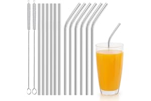 Newaner Paille Inox Reutilisable 12 Pcs (6 Droites + 6 Courbées), Pailles Bubble Tea 21cm avec 2 Brosses de Nettoyage, Paille Metal pour Cocktails, Lait Glacé, Milkshakes, Café Glacé, Thé