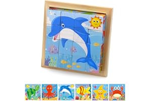 BRISKORE Rompecabezas de Cubos de Madera, Rompecabezas de Madera 3D, Rompecabezas de Cubos Juegos de Rompecabezas 6 en 1 Motivos de Animales para niños, Juguete Montessori,Idea de Regalo