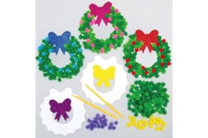 Baker Ross AX502 Weihnachtskranz Pompons Dekorationen Bastelset für Kinder - 5 Stück, Festliche Kreativsets und Bastelbedarf zum Basteln und Dekorieren zur Weihnachtszeit
