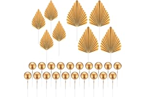 LJAPPLIED 28 Pcs Gold Cake Topper Decorations(8 x Paper Palm Fan Cake Decorations, 20 x Round Ball Cake Insert Decoration), Palm Leaf Cake Toppers, Cupcake Decorations for Birthday Party Wedding Decor