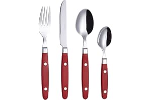 EXZACT Cutlery Set 24pcs Stainless Steel - with Rivet Craft Handles/Retro Style Flatware - 6 x Dinner Forks, 6 x DinnerKnives, 6 x Table Spoons, 6 x Tea Spoons -Serves 6 (Red)