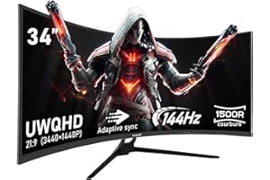 Gawfolk Écran PC Ultra Large 34 Pouces 1500R incurvé 144Hz Gaming Computer Moniteur,21:9 UWQHD(3440x1440),Adaptive Sync，HDR，178 ° Angle Vue，HDMI、DisplayPort，VESA 75 * 75MM-Noir