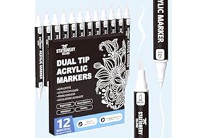 STATIONERY ISLAND Pennarelli Acrilici Bianchi – 12 Pezzi Doppia Punta Fine e a Pennarello Acrilico– Acrylic Marker a Base d’Acqua per Pietra, Vetro, Legno, Ceramica, Metallo, Tessuto e Altri Materiali