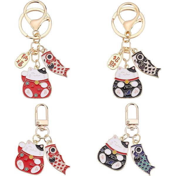 Portachiavi Maneki Neko Gatto Portafortuna - Intagliato A Mano In Legno Di Pesco - Giapponese Con Scatola Regalo