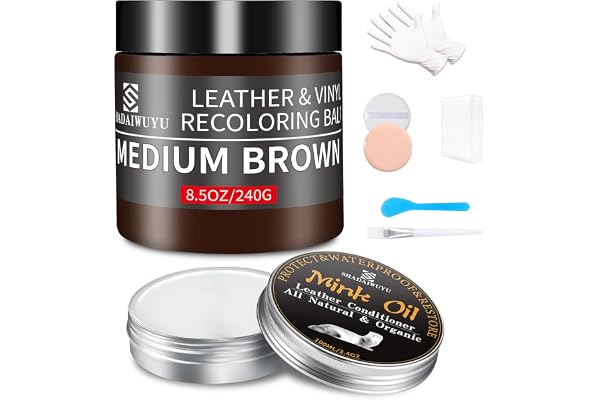 Kit Reparation Cuir,240g Teinture Cuir Brun Moyen avec 100ml Entretien,Peinture Cuir Liquide pour Réparer les éraflures et la Décoloration sur Canapés,Vinyle, Sièges d'auto, Chaussures et Selles